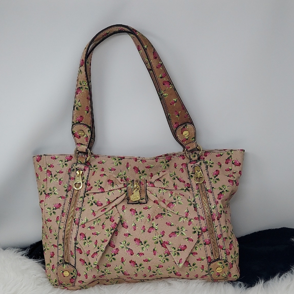 Betsey Johnson Beige Floral Tote with Pink Roses and Green Leaves